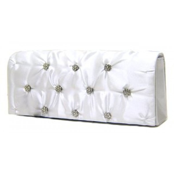 Evening Bag - Satin Embellished w/ Flower Rhinestones - White -BG-38044WT